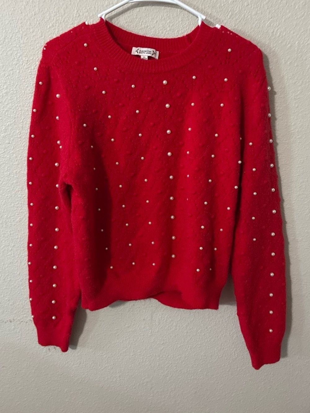 Nanette Red Pearl-Embellished Crewneck Sweater